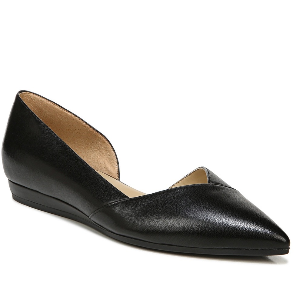 Naturalizer Kristin Black Leather D'Orsay Flats Pointed Toe Demi Wedge 8W NEW